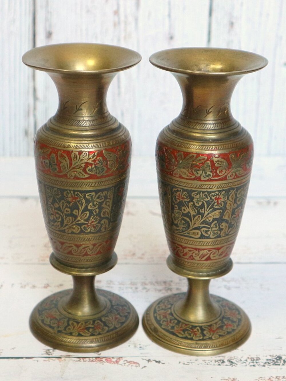 Vintage Brass Vases or Candlestick Set (6") Etched Painted | Made in India